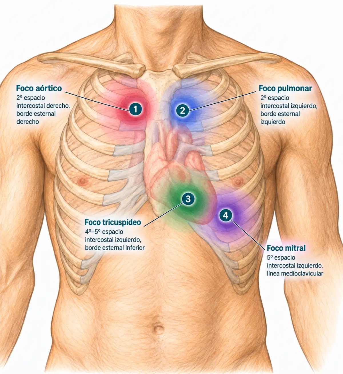 Ilustración anatómica de los focos de auscultación cardíaca aórtico, pulmonar, tricuspídeo y mitral, con sus áreas de irradiación sobre la pared torácica anterior