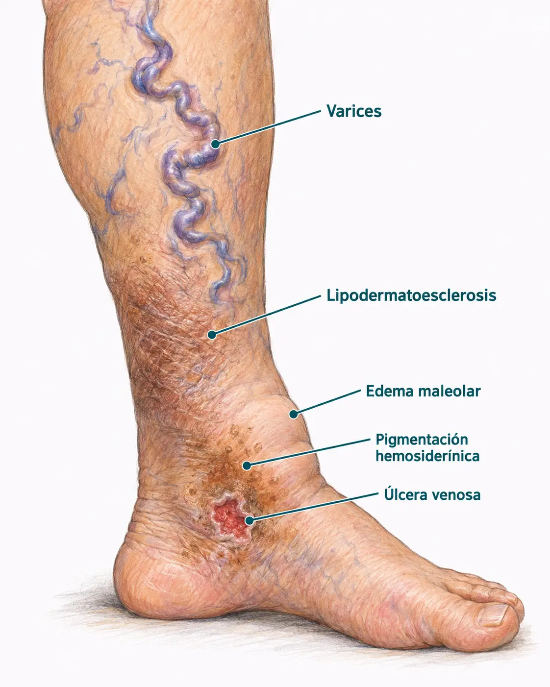 Ilustración clínica de insuficiencia venosa crónica en la pierna y el tobillo, con varices safenas, edema maleolar, pigmentación hemosiderínica, úlcera venosa y lipodermatoesclerosis