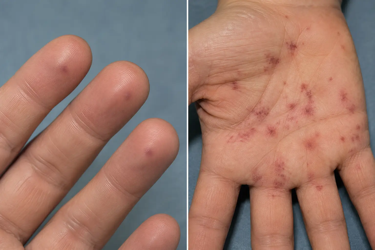 Comparación clínica entre nódulos de Osler, con pequeñas lesiones eritematovioláceas en los pulpejos de los dedos, y lesiones de Janeway, con máculas eritematohemorrágicas planas en la palma